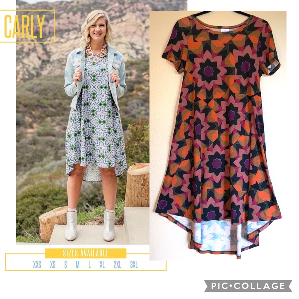 LULAROE Carly T-Shirt Dress XS S M 4 6 8 I0 Black Pink Orange Geometric Floral